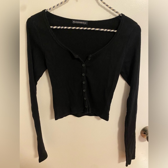 Brandy Melville Black Ribbed Button-up Longsleeve Top - Picture 1 of 3